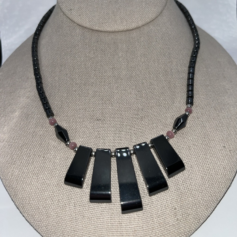 Hematite Gemstone Y2K Statement Necklace Pink‎ Black Bib WhimsiGoth Oversized